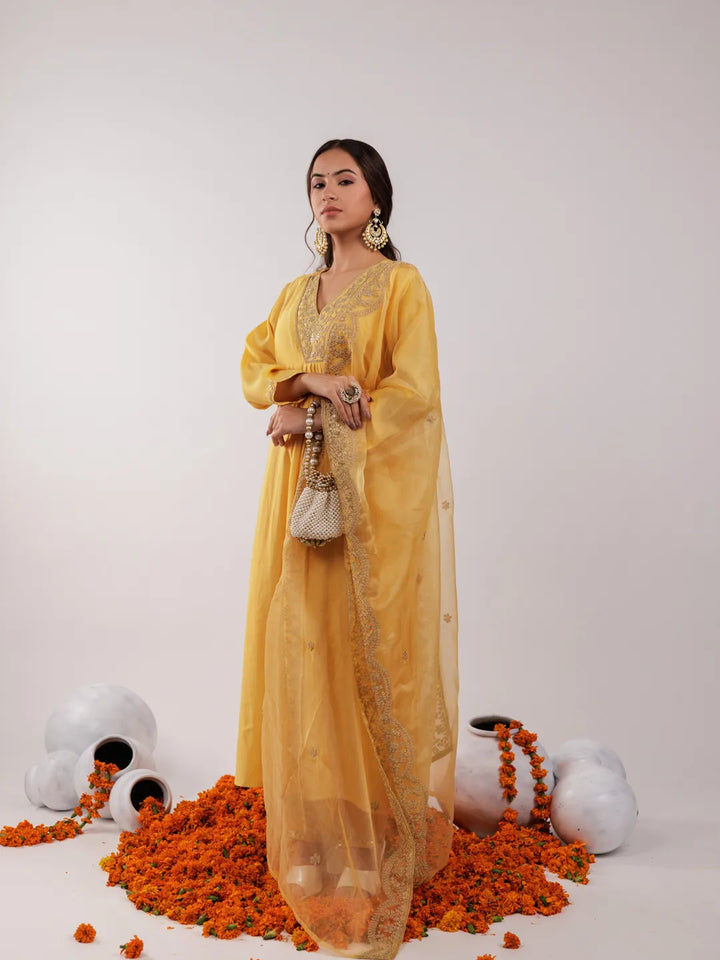 Yellow Silk Embroidered Kurta Dupatta Set-Yufta Store-7175SKDYLS