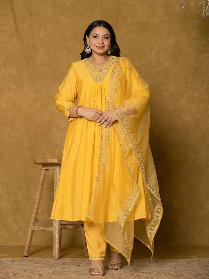 Yellow Silk Embroidered Plus Size Kurta Dupatta Set-Yufta Store-7175PSKDYL3XL