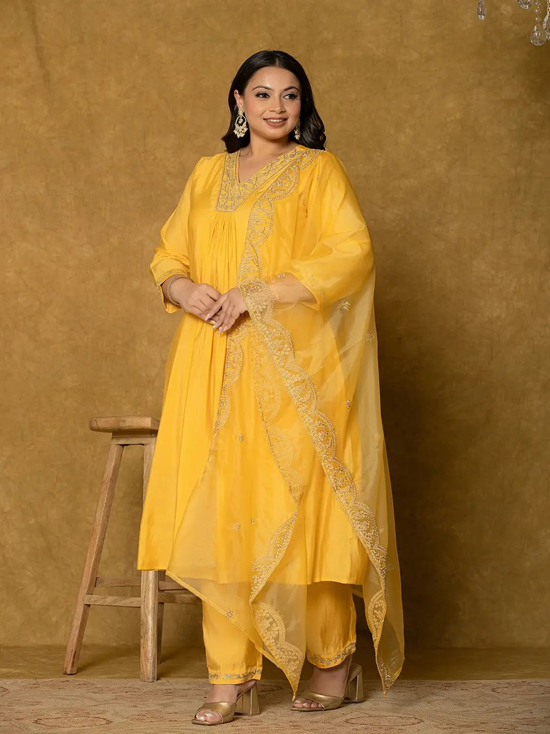 Yellow Silk Embroidered Plus Size Kurta Dupatta Set-Yufta Store-7175PSKDYL3XL