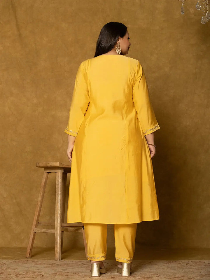 Yellow Silk Embroidered Plus Size Kurta Dupatta Set-Yufta Store-7175PSKDYL3XL