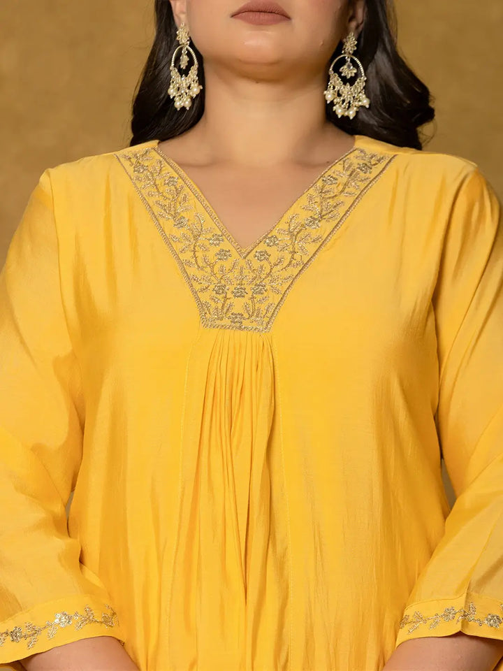 Yellow Silk Embroidered Plus Size Kurta Dupatta Set-Yufta Store-7175PSKDYL3XL