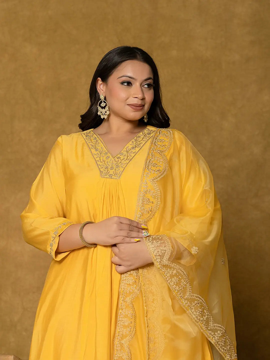 Yellow Silk Embroidered Plus Size Kurta Dupatta Set-Yufta Store-7175PSKDYL3XL