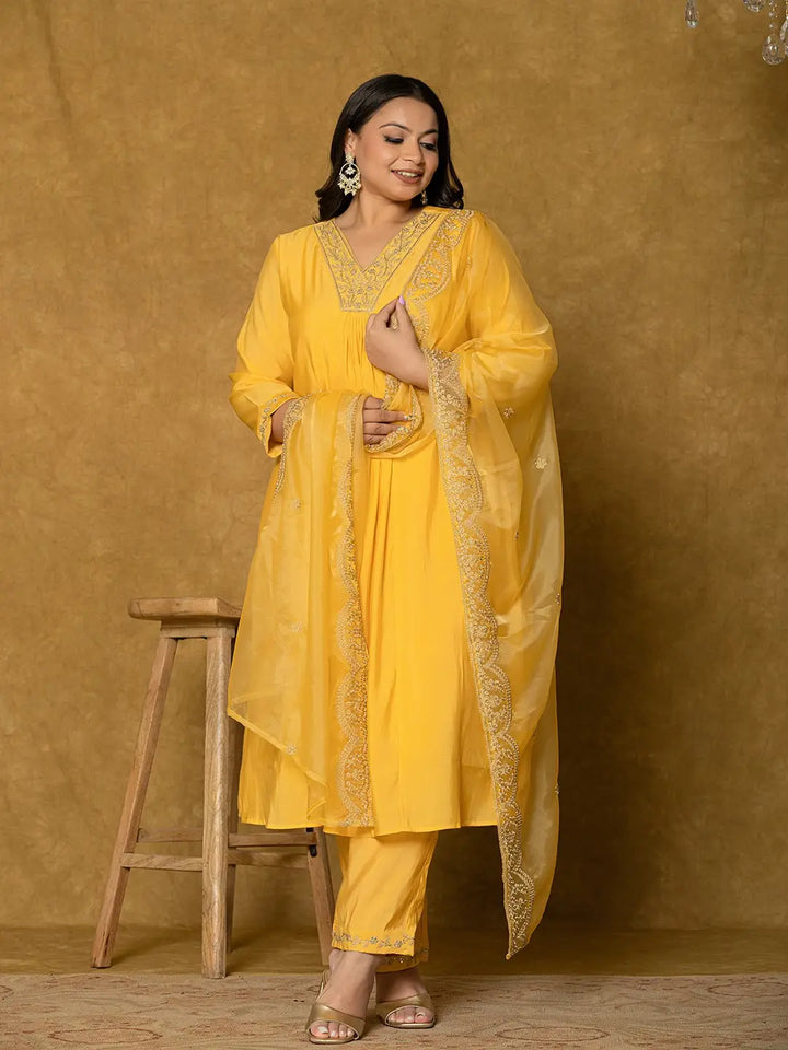 Yellow Silk Embroidered Plus Size Kurta Dupatta Set-Yufta Store-7175PSKDYL3XL