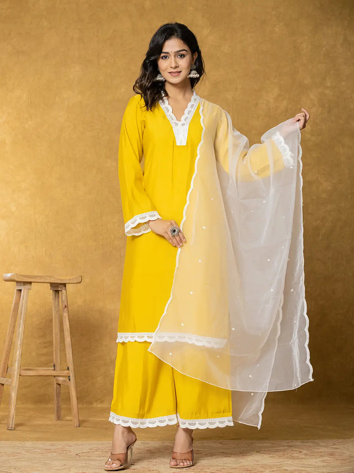 Yellow Silk Kurta Set With Palazzo And Dupatta With Cotton Lining-Yufta Store-7330SKDYLS