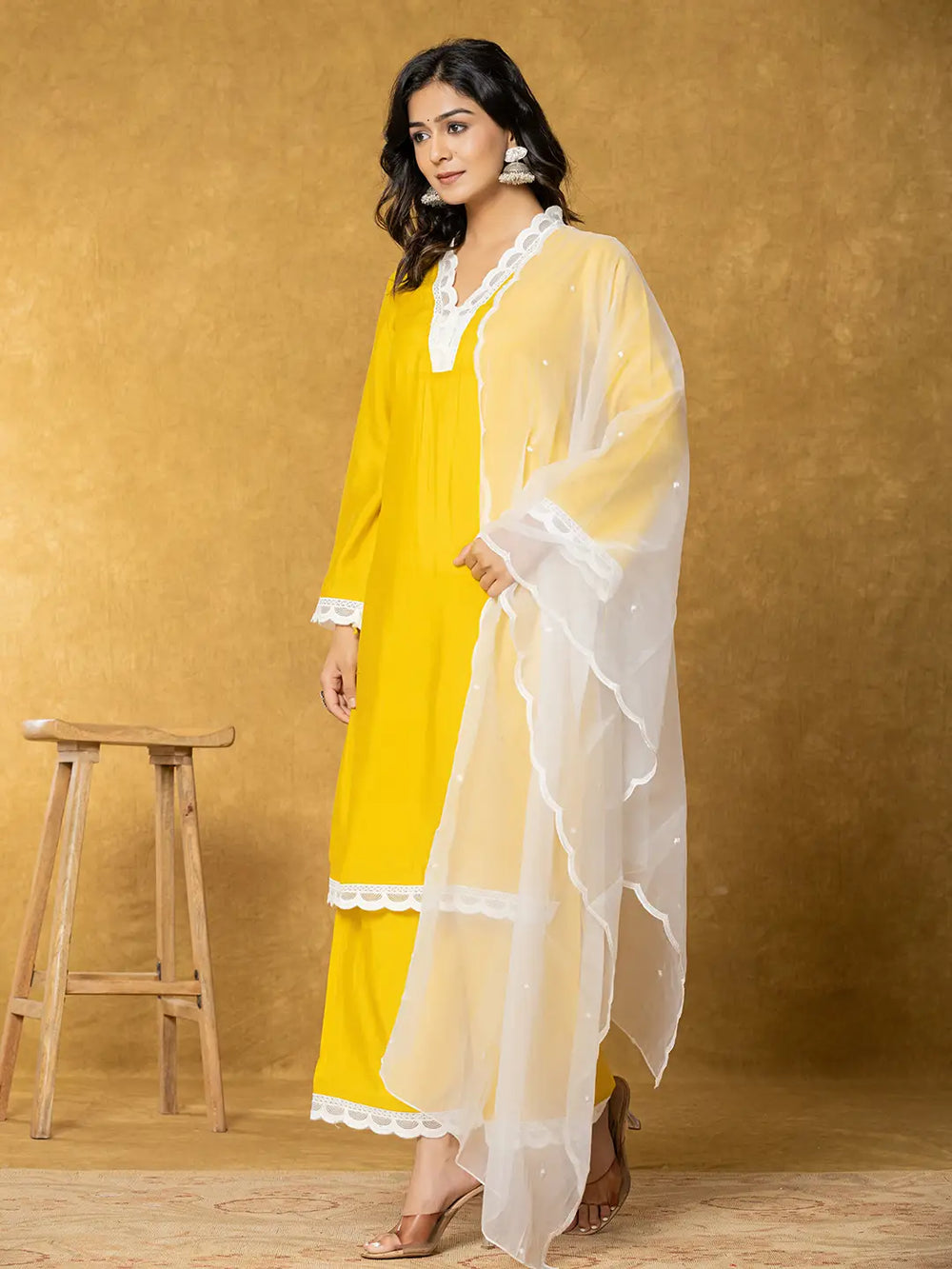 Yellow Silk Kurta Set With Palazzo And Dupatta With Cotton Lining-Yufta Store-7330SKDYLS