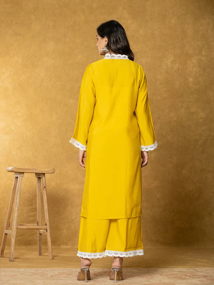 Yellow Silk Kurta Set With Palazzo And Dupatta With Cotton Lining-Yufta Store-7330SKDYLS