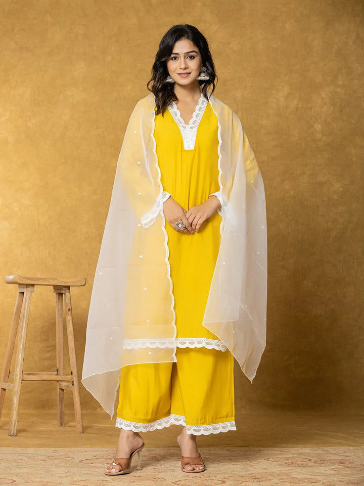 Yellow Silk Kurta Set With Palazzo And Dupatta With Cotton Lining-Yufta Store-7330SKDYLS