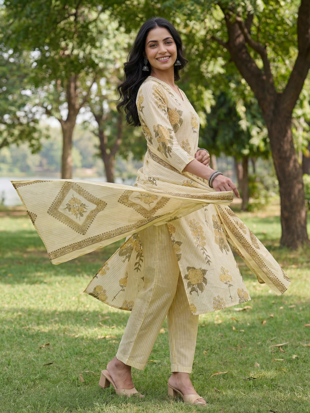 Yellow Straight Design Striped And Floral Print With This Kurta Trouser Dupatta Set-Yufta Store-7685SKDYLM
