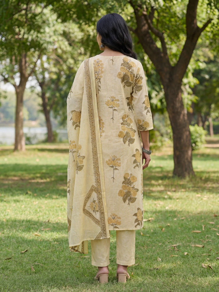 Yellow Straight Design Striped And Floral Print With This Kurta Trouser Dupatta Set-Yufta Store-7685SKDYLM