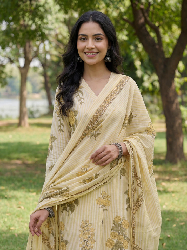 Yellow Straight Design Striped And Floral Print With This Kurta Trouser Dupatta Set-Yufta Store-7685SKDYLM