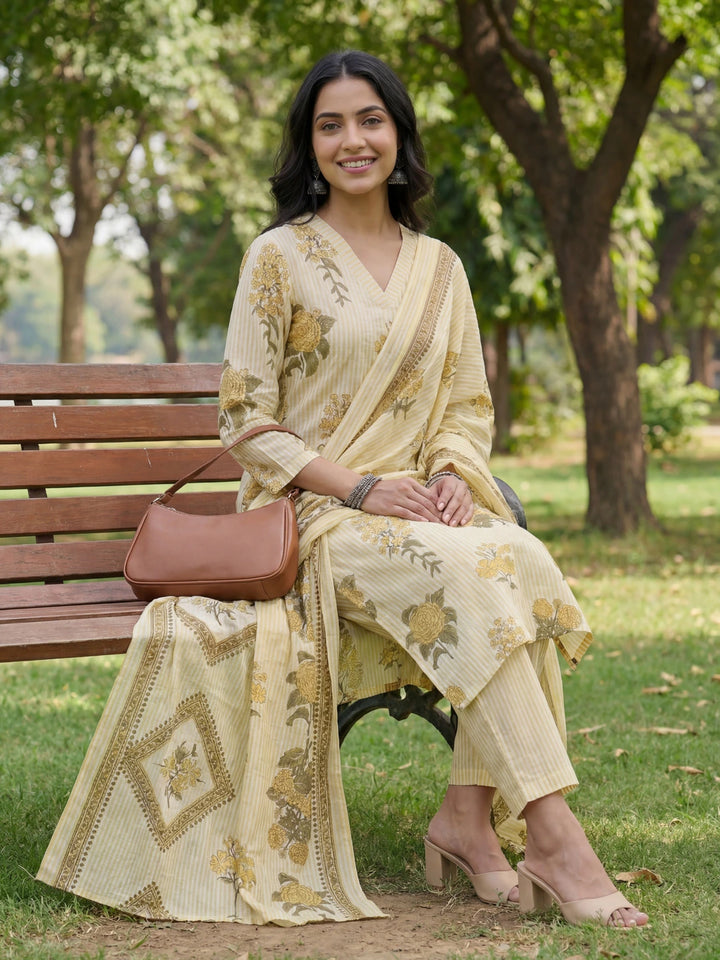Yellow Straight Design Striped And Floral Print With This Kurta Trouser Dupatta Set-Yufta Store-7685SKDYLM