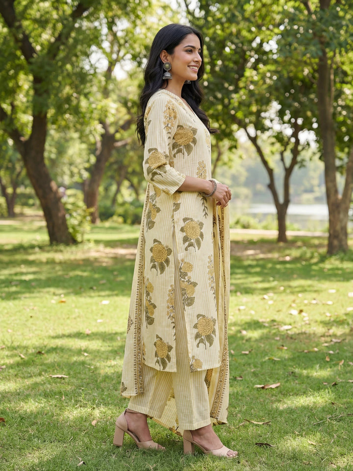 Yellow Straight Design Striped And Floral Print With This Kurta Trouser Dupatta Set-Yufta Store-7685SKDYLM