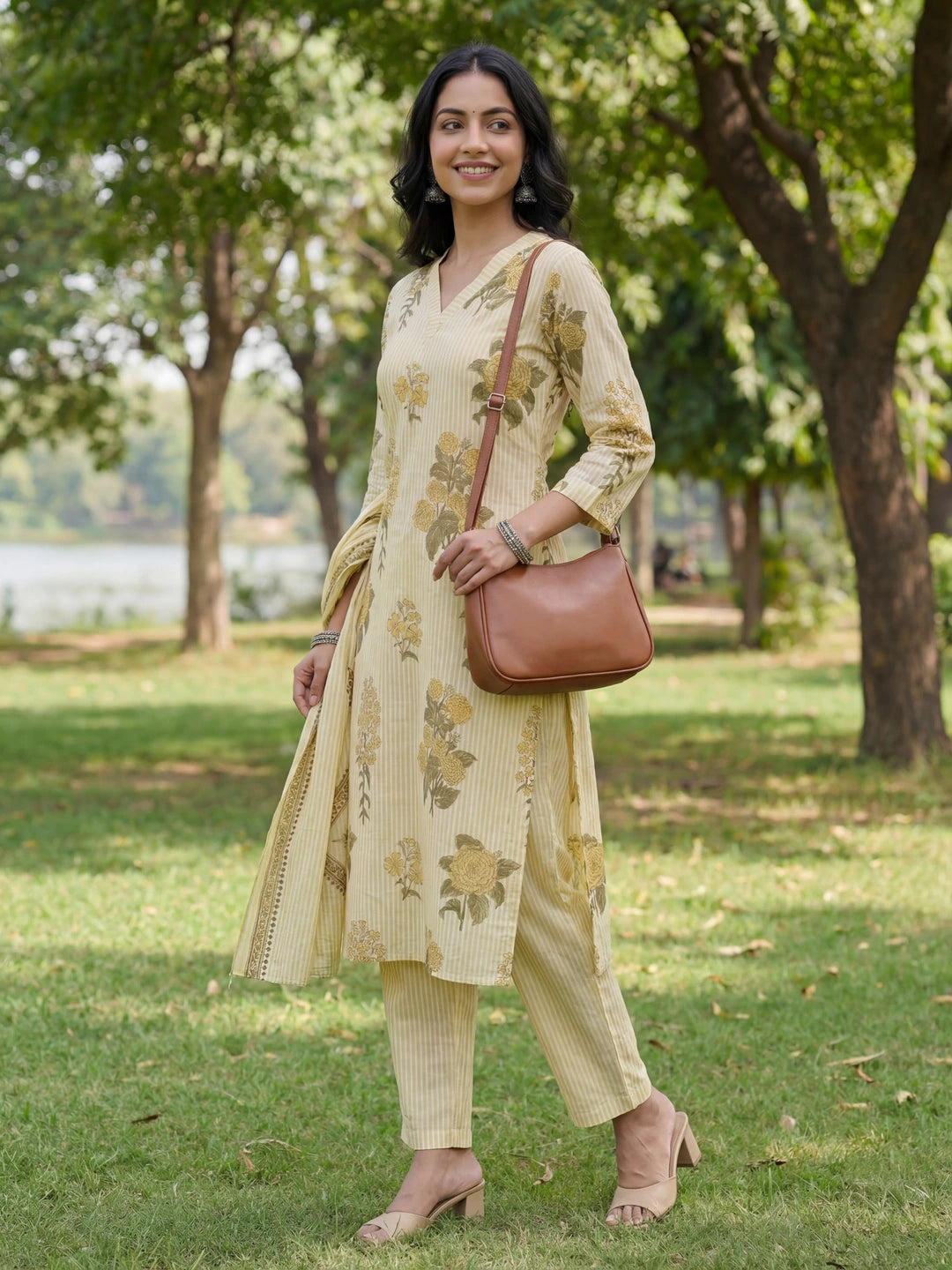 Yellow Straight Design Striped And Floral Print With This Kurta Trouser Dupatta Set-Yufta Store-7685SKDYLM