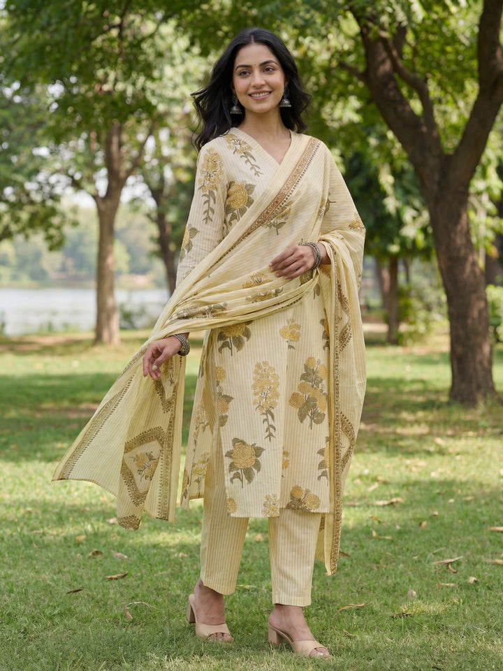 Yellow Straight Design Striped And Floral Print With This Kurta Trouser Dupatta Set-Yufta Store-7685SKDYLM