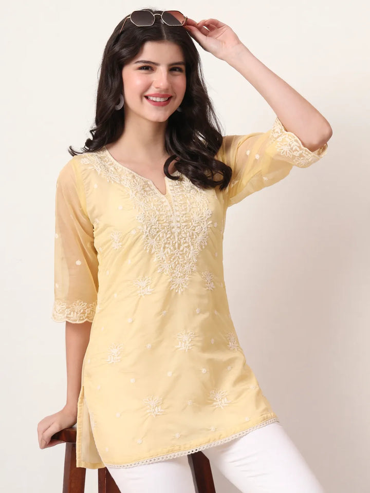 Yellow Thread Work Organza Top