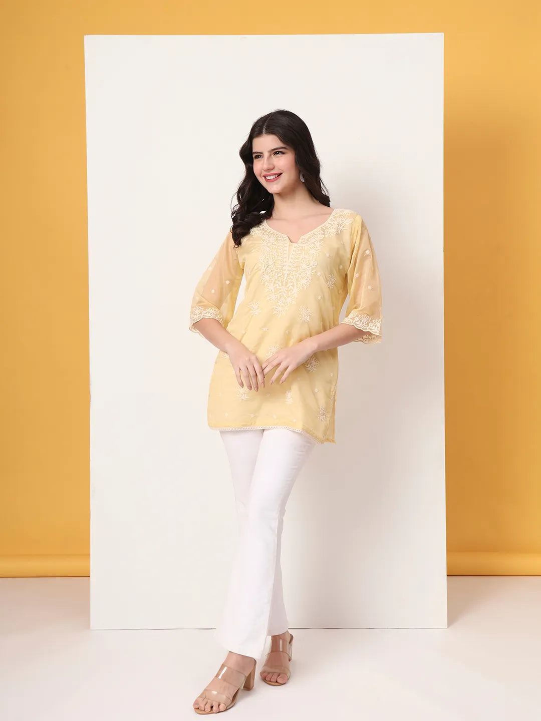 Yellow Thread Work Organza Top