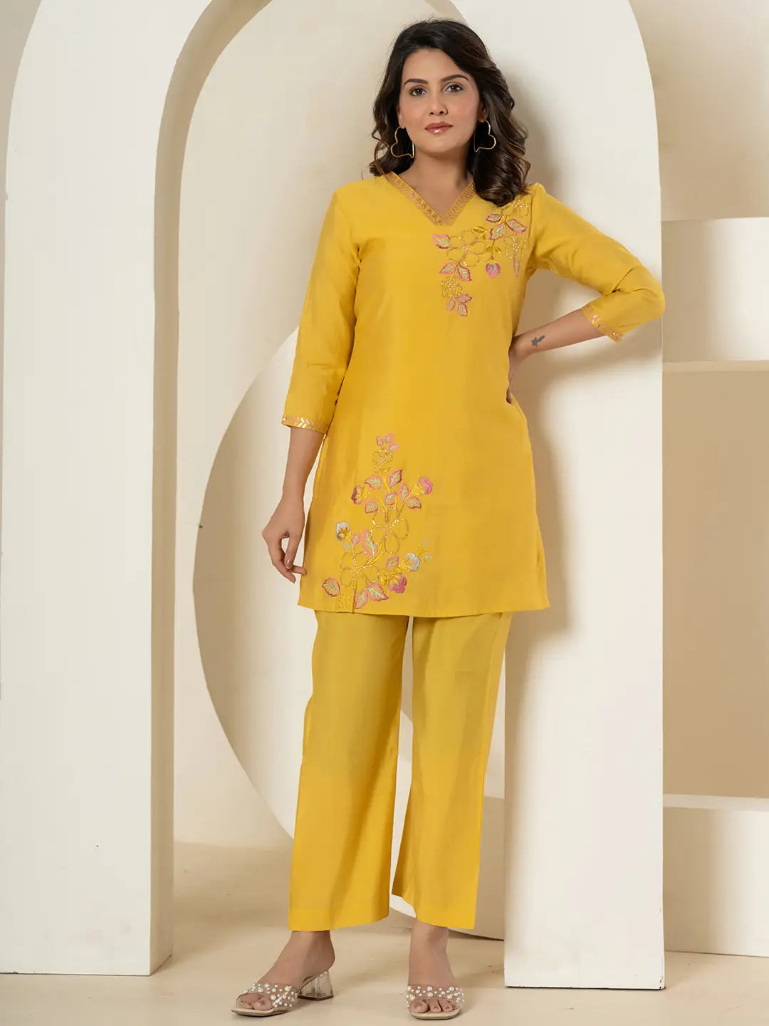 Yellow Thread_Work Shirt And Trouser Silk Blend Co-Ord Set-Yufta Store-7286CRDYLS