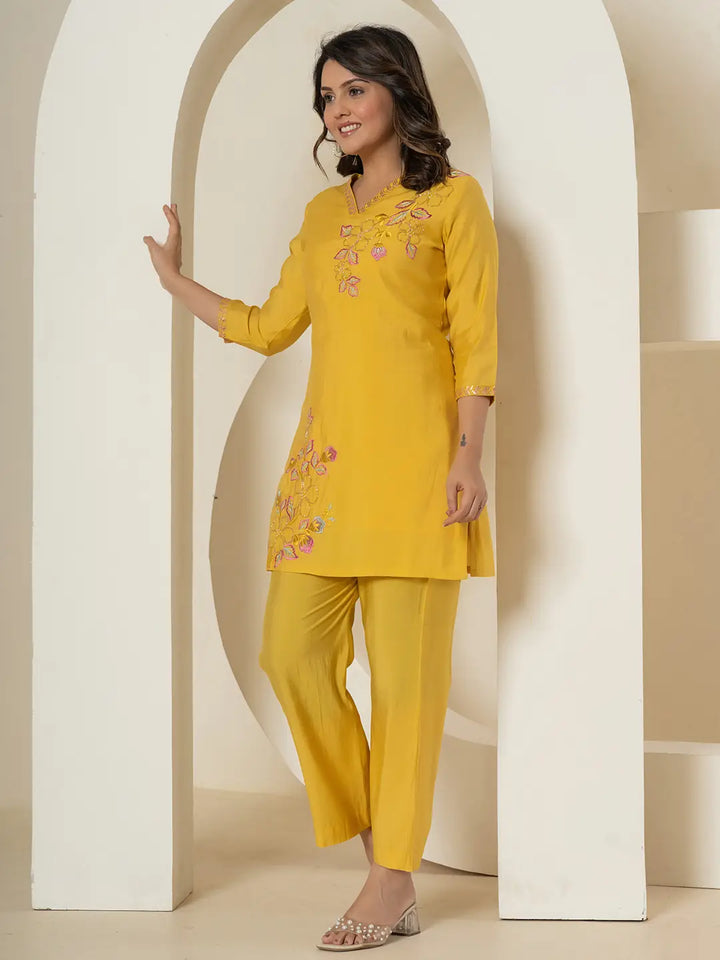 Yellow Thread_Work Shirt And Trouser Silk Blend Co-Ord Set-Yufta Store-7286CRDYLS