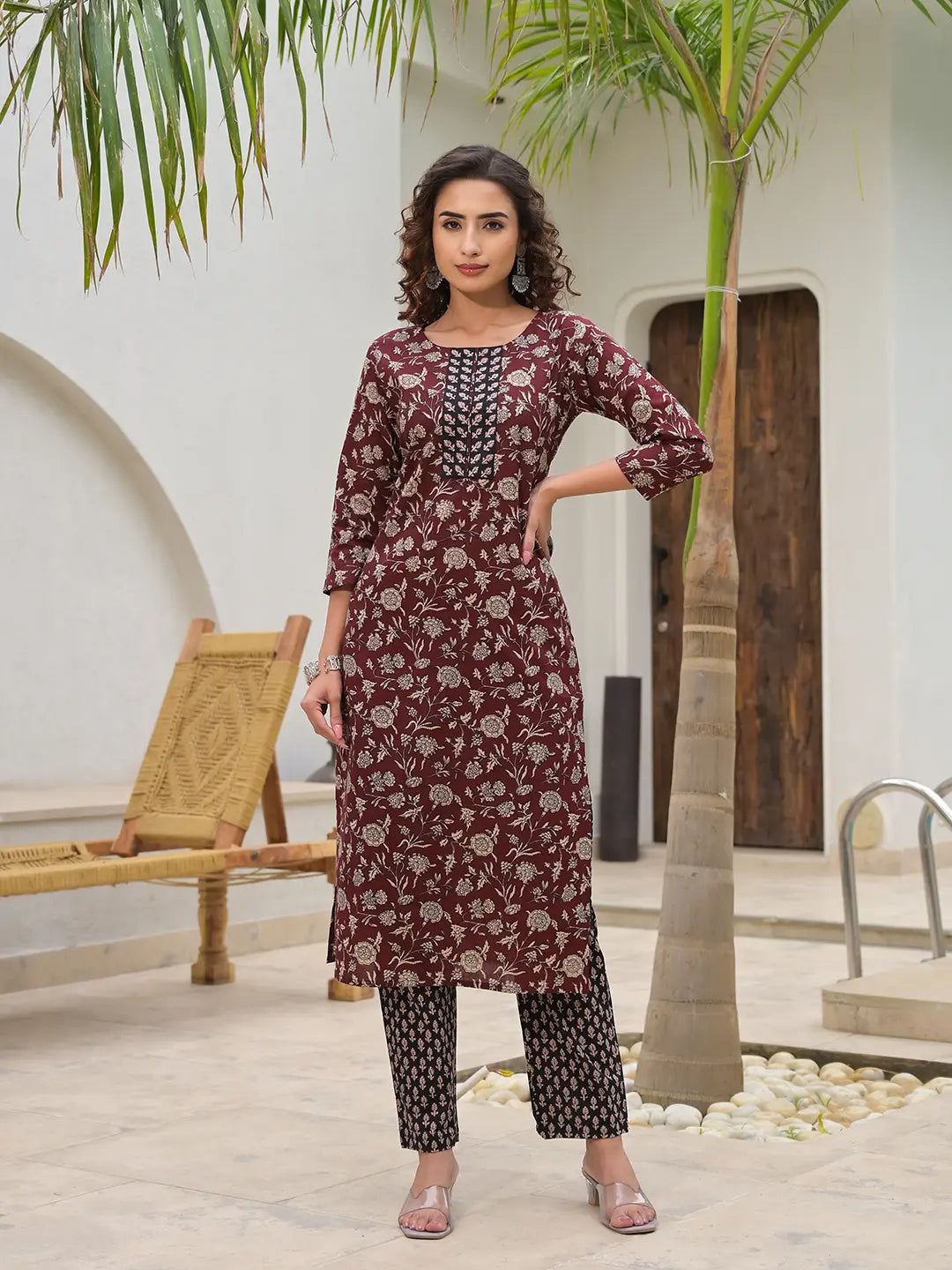 Yufta Piping On Yoke Floral Print Maroon Cotton Kurta Set With