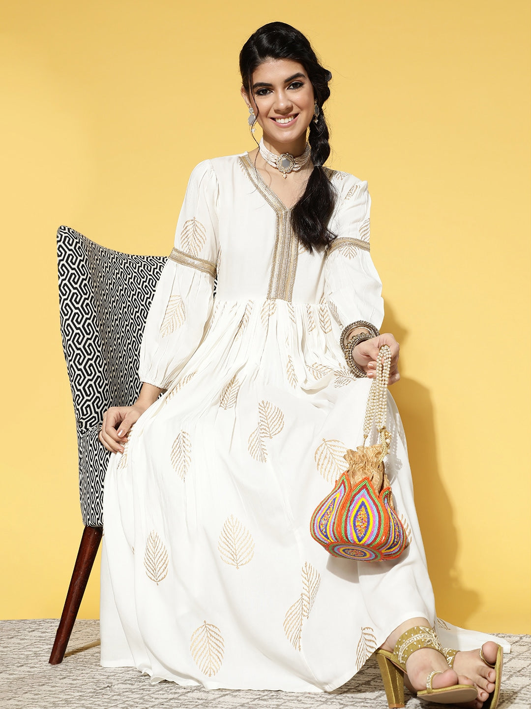 White & Gold-Toned Dress Yufta Store